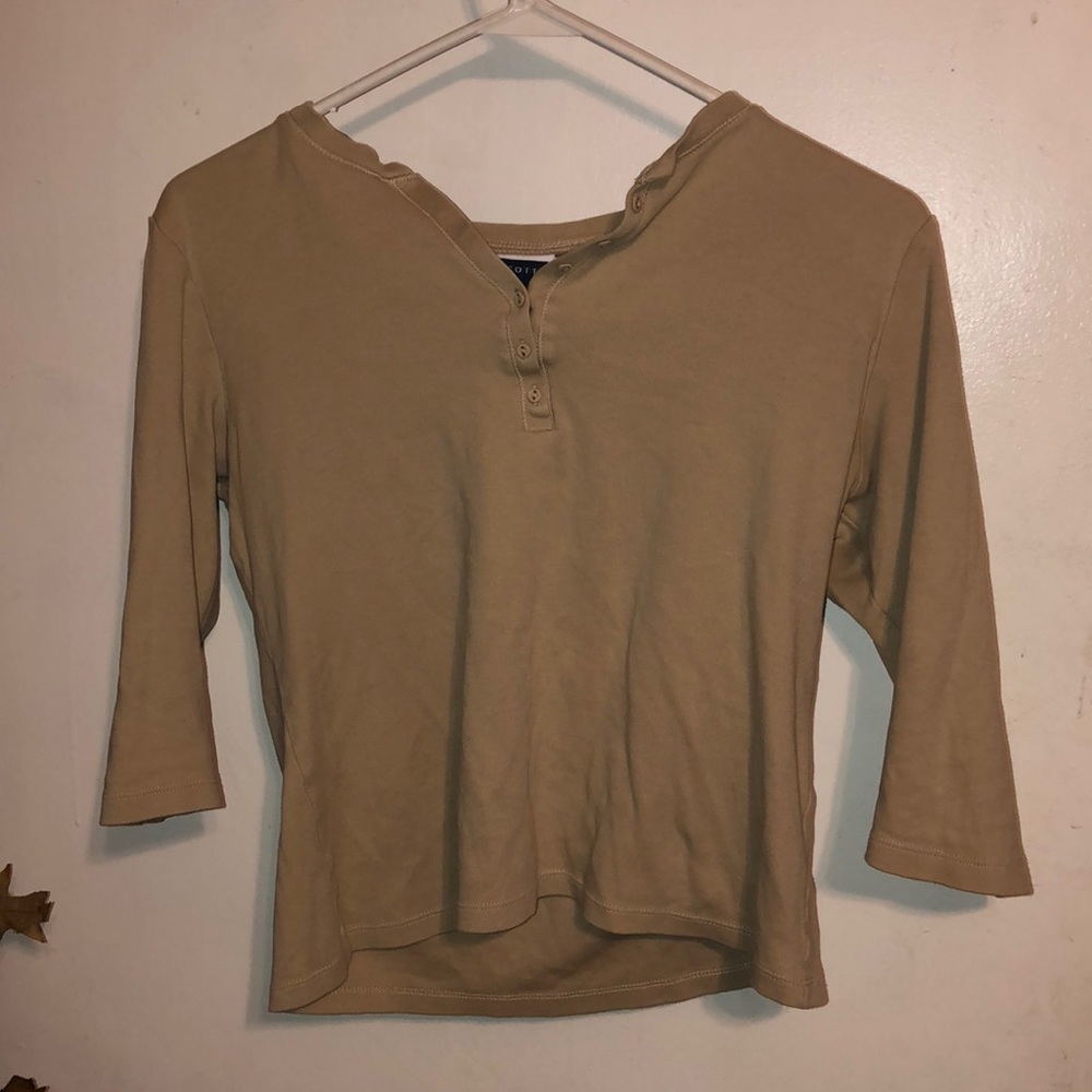 Karen scott petites womens tan bitten up shirt